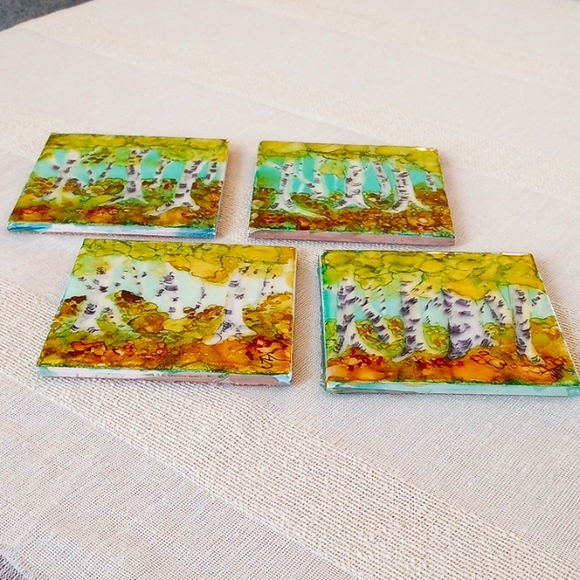 REDUCED Handmade and Hand Painted Birch Tree Ceramic Resin Coasters (Set of 4) - Picture 8 of 8